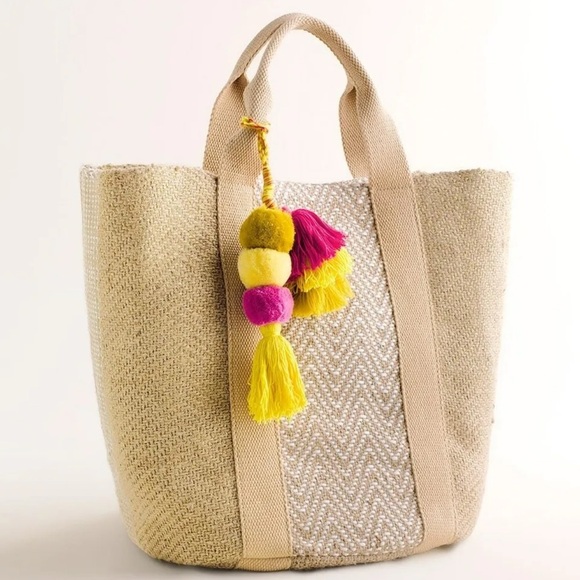 Chico's Handbags - NEW Chico’s Woven Metallic Straw Tote Beach Bag Pom Tassel Large Natural Chevron